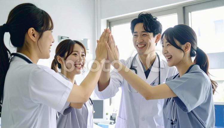 喜びを分かち合う看護師・医者 ハイタッチ,看護師,医者の写真素材