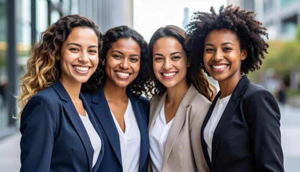 スーツを着た4人組の女性 スーツを着た4人組の女性の写真