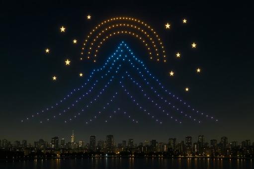 夜空を彩るドローンショー、都市の夜景の上の写真