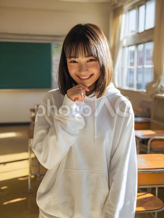 教室の女子高校生が微笑む パーカー,セーラー服,女子学生の写真素材