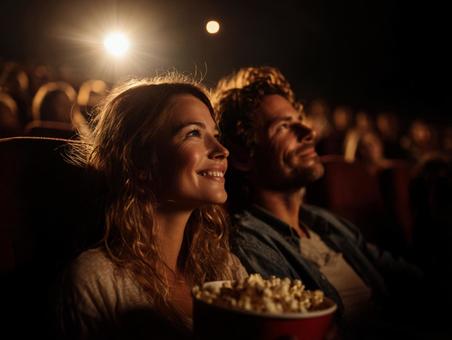 映画館の暗闇で輝く、幸せそうなカップル 映画館の暗闇で輝く、幸せそうなカップルの写真