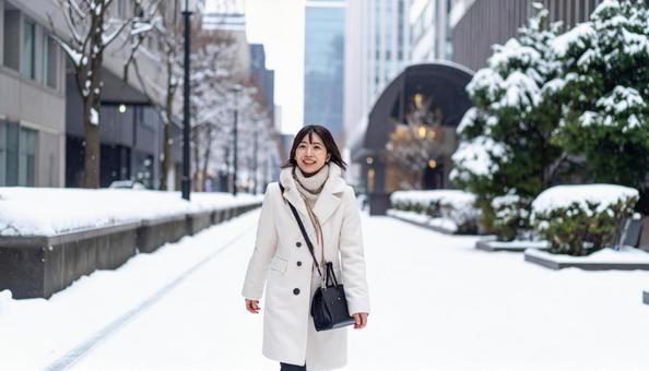 雪の降るオフィス街を歩く笑顔の日本人女性 雪の降るオフィス街を歩く笑顔の日本人女性の写真
