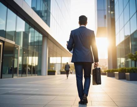 オフィス街を歩くスーツを着た男性の後ろ姿の写真