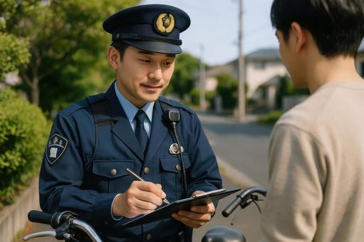 自転車盗難防止登録をする警察官 自転車盗難防止登録をする警察官の写真