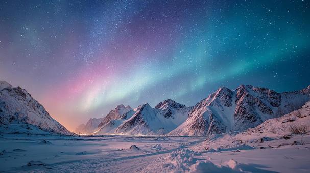 雪山と湖に映る幻想的なオーロラ 雪山と湖に映る幻想的なオーロラの写真
