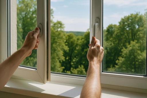 窓を開ける瞬間の風景の写真