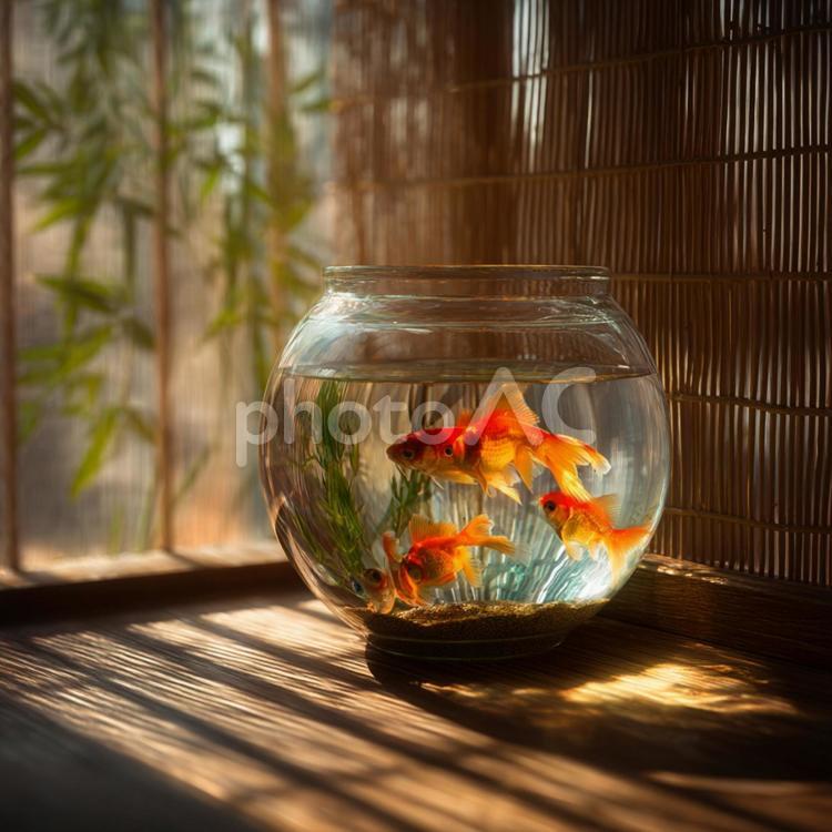 涼しげな雰囲気の金魚鉢と金魚 金魚,魚,水槽の写真素材