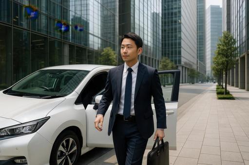 出勤する会社員とEV 出勤する会社員とEVの写真