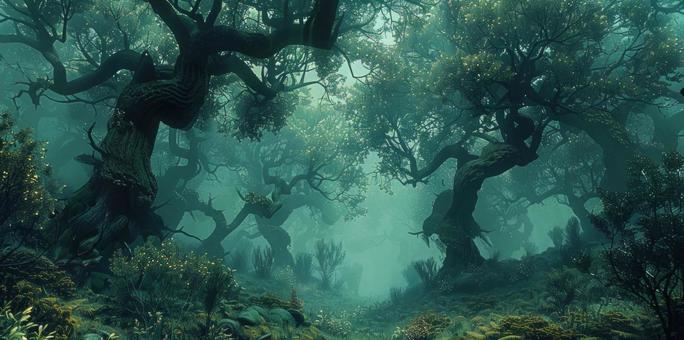 An imaginary sea of trees that looks like something out of a nightmare, fantasy, dark, woods, JPG