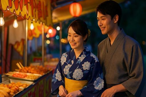 夏祭りの屋台で浴衣姿のカップル・夜の屋台 夏祭りの屋台で浴衣姿のカップル・夜の屋台の写真