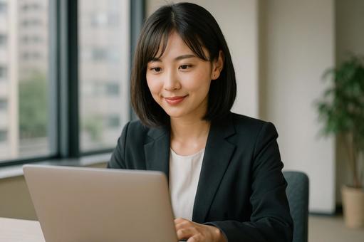  A smiling woman operating a computer by the window , office, remote work, work at home, JPG