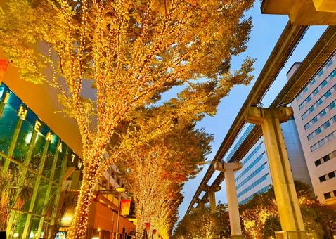 立川のイルミネーションとモノレール 空,イルミネーション,クリスマスの写真素材