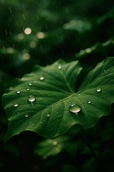 雨粒と水滴が光る緑の葉 雨粒と水滴が光る緑の葉の写真