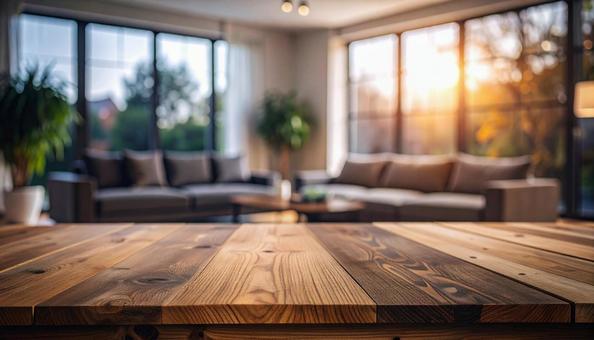 木目テーブルと明るい部屋の写真