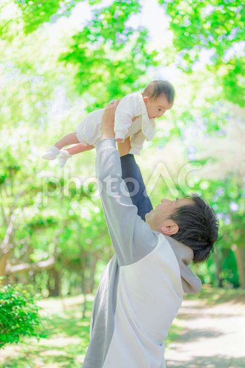 爽やかな緑と親子(その１) 赤ちゃん,抱っこ,森の写真素材