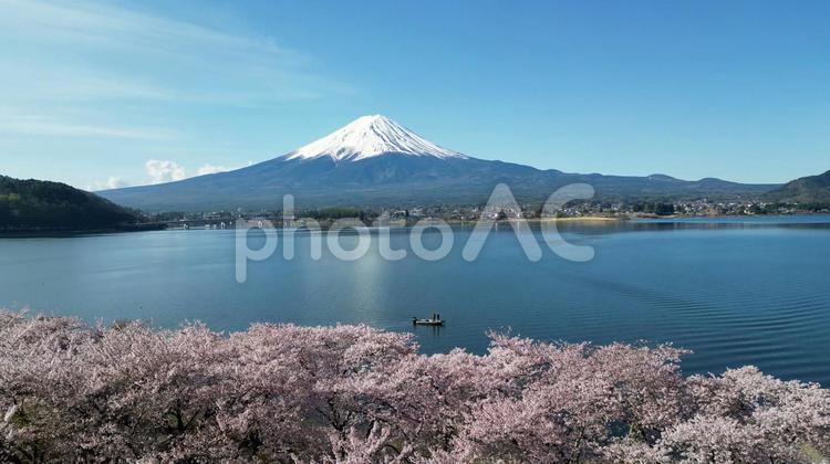 桜と富士山と河口湖、ドローン空撮 桜,富士山,河口湖の写真素材