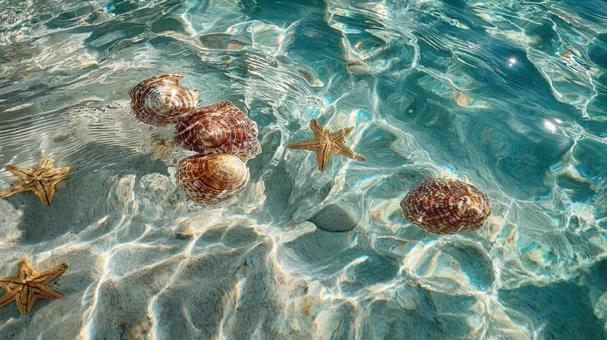 光が揺らめく水中の貝殻とヒトデ 光が揺らめく水中の貝殻とヒトデの写真