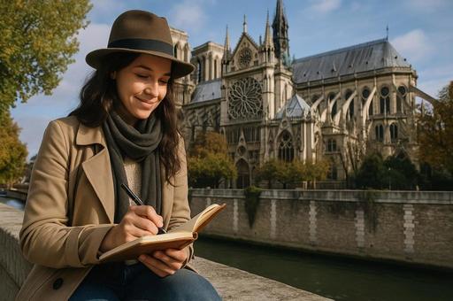 ノートルダム前の笑顔の女性の写真