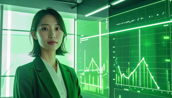 ディルプレイのチャートの前に立つ女性社員 ディルプレイのチャートの前に立つ女性社員の写真