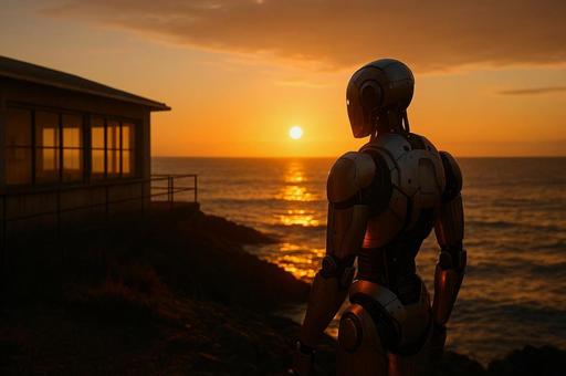 夕陽に佇むロボット 夕陽に佇むロボットの写真