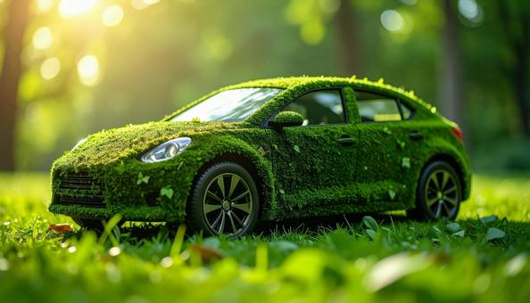 緑の葉っぱで構成されたエコカー 緑の葉っぱで構成されたエコカーの写真