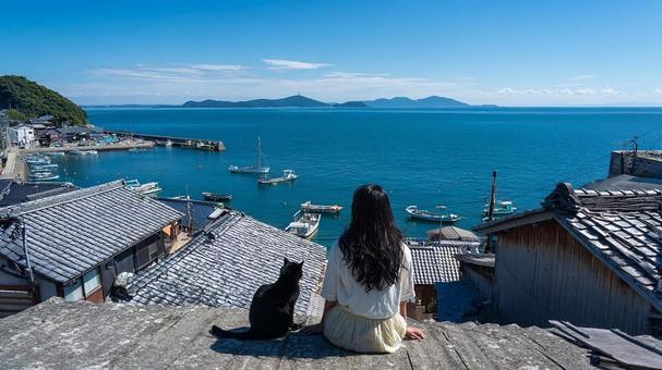 屋根瓦と広がる海 屋根瓦と広がる海の写真
