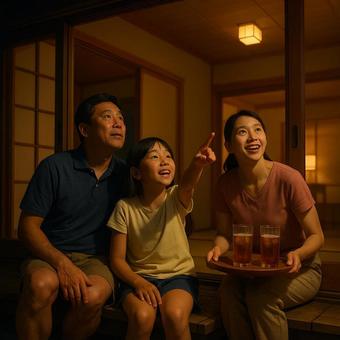 家族が夜の縁側で空を見上げ、娘が指差す 家族が夜の縁側で空を見上げ、娘が指差すの写真