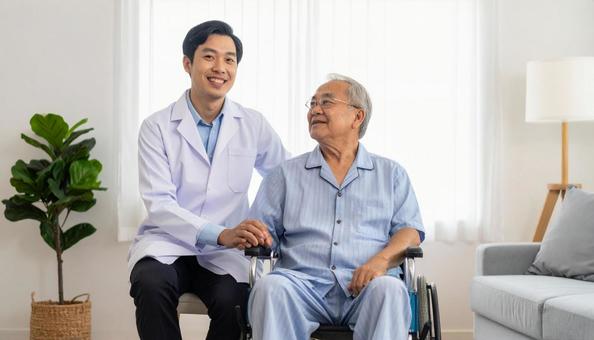 介護 車椅子のシニア男性と男性スタッフ 介護 車椅子のシニア男性と男性スタッフの写真