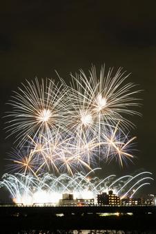 多摩川の平和祈念花火11　花火素材　景色 花火大会,花火,ビルの写真素材