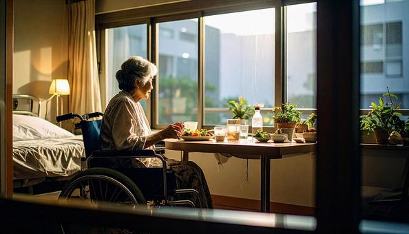 病室で車いすに座り食事をする高齢女性患者の写真