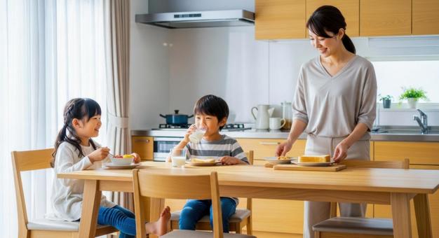 母と子供2人が食卓にいる朝食シーン 母と子供2人が食卓にいる朝食シーンの写真