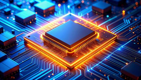 オレンジ色に光る半導体チップの写真