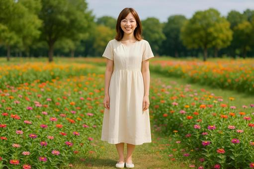 花畑の女性 花畑の女性の写真