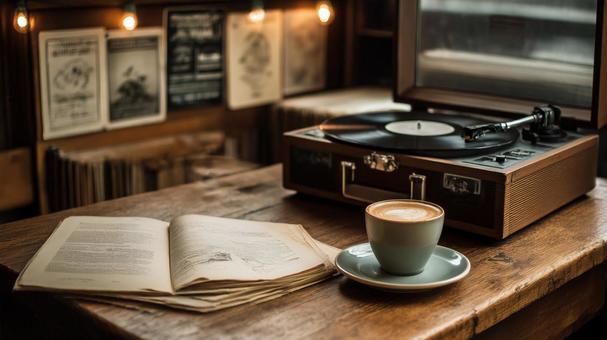 コーヒーとレコードのある机 コーヒーとレコードのある机の写真