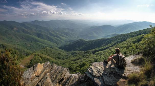 山々を見渡す登山者 山々を見渡す登山者の写真