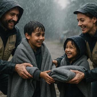雨の中の笑顔のボランティア 雨の中の笑顔のボランティアの写真