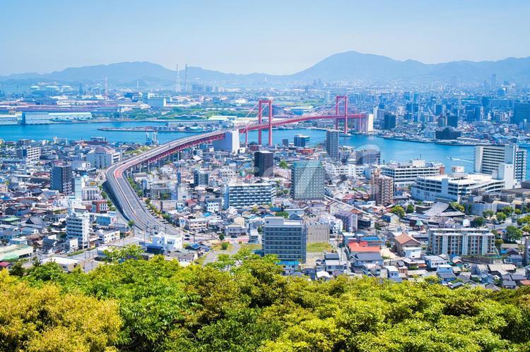 山からの風景　若戸大橋 青空,海,橋の写真素材