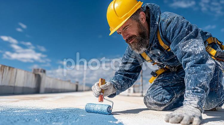 青空の下、建物の屋上を防水処理する職人 防水工事,屋上,建設の写真素材