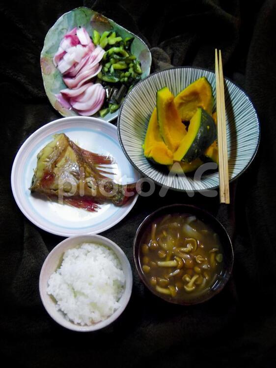 金目鯛の煮付け定食 カボチャの煮物,金目鯛の煮物,お漬物の写真素材