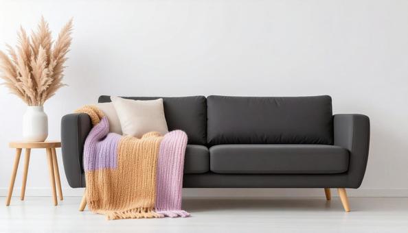 ソファーとブランケット ソファーとブランケットの写真