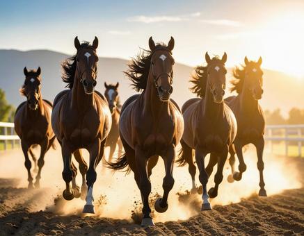 午年フォト・朝日を背に走る馬たち 午年フォト・朝日を背に走る馬たちの写真