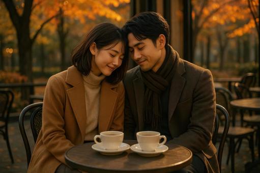 秋のカフェテラスで寄り添うの写真