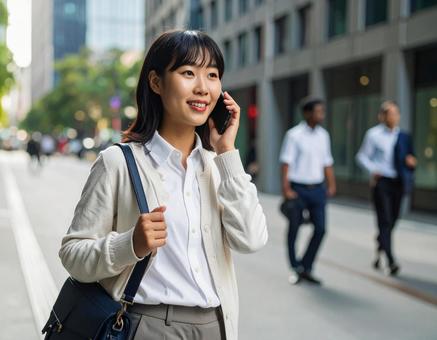 街中で電話をかける女性 街中で電話をかける女性の写真