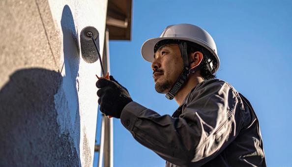 住宅の外壁塗装をする作業服の男性 住宅の外壁塗装をする作業服の男性の写真