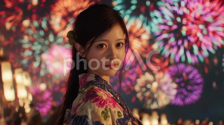 花火の背景と美女のポートレート1 女,女性,女の子の写真素材