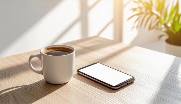 テーブルのコーヒーとスマホの写真