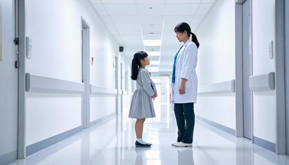 病院の廊下 女の子と話す医師 病院の廊下 女の子と話す医師の写真