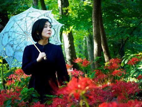 40:彼岸花を静かに見つめる女性 40:彼岸花を静かに見つめる女性 彼岸花,ミステリアス,悲しげの写真素材