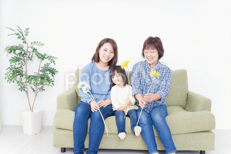 おばあちゃんにお花を渡す子供 交流,お祝い,女子の写真素材