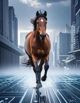 午年フォト・未来都市を駆ける馬の写真